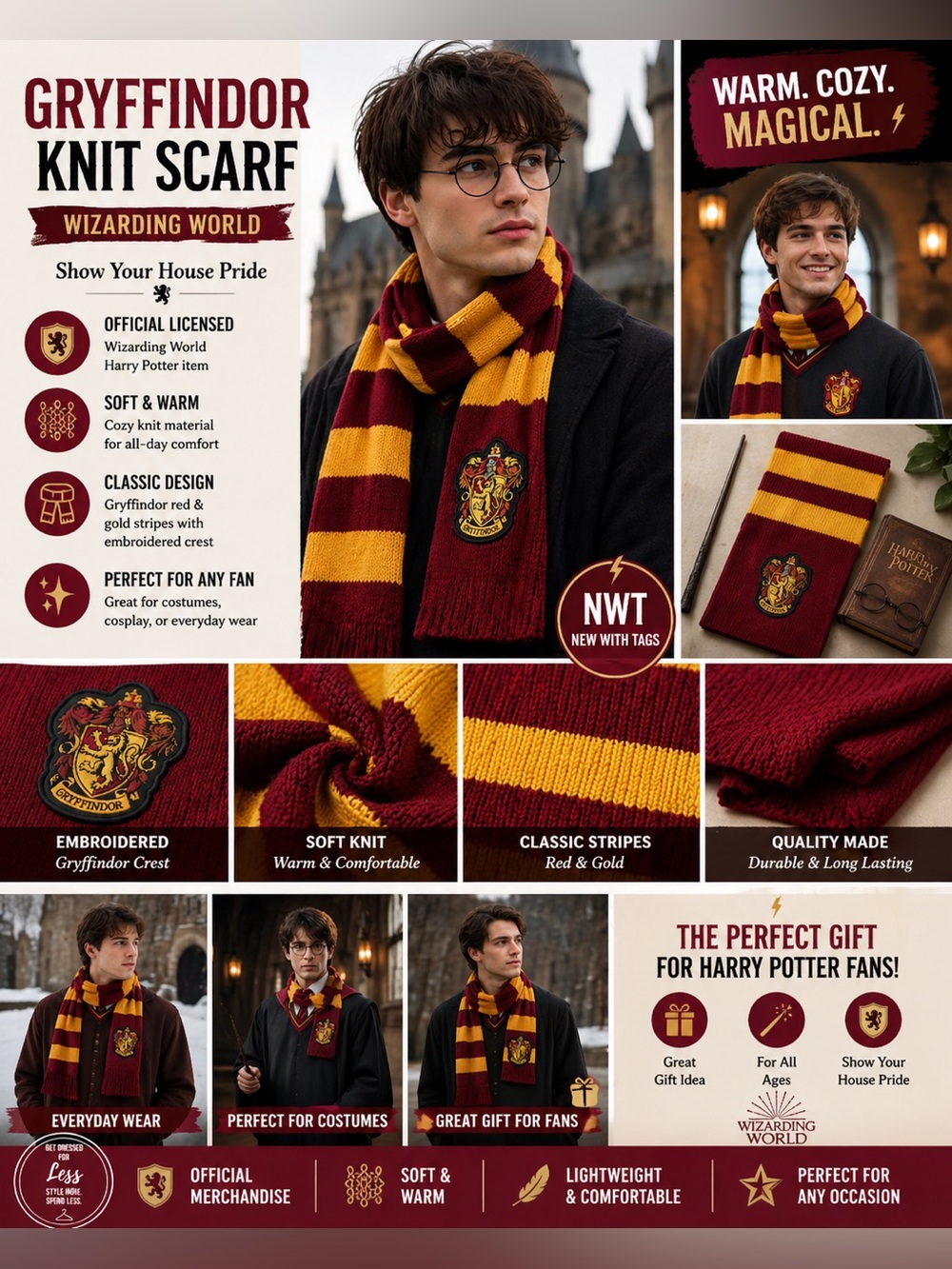 Harry Potter Gryffindor Knit Scarf Wizarding World Costume NWT
